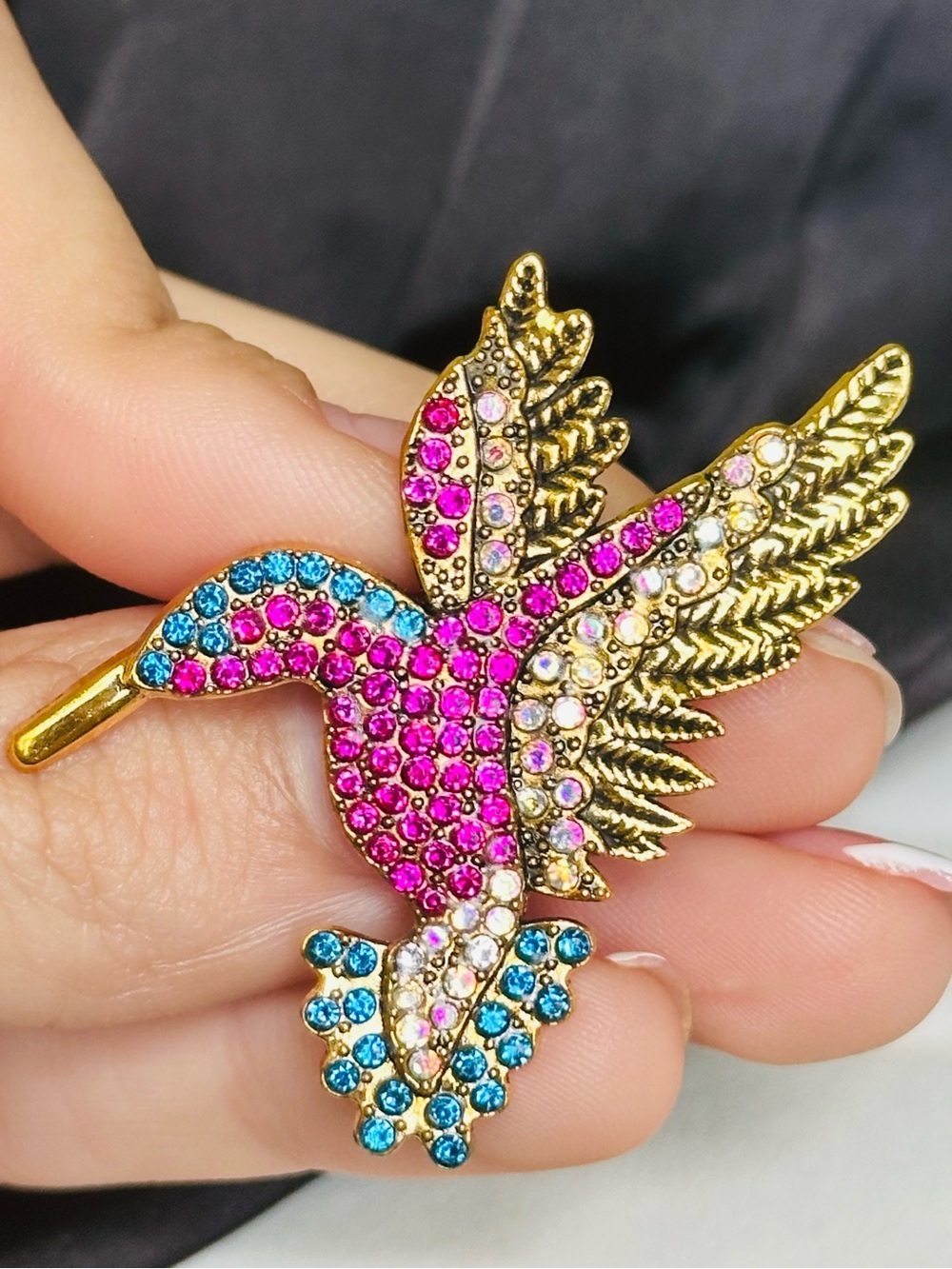 Gold Hummingbird Brooch with Pink and Blue Rhinestones NEW